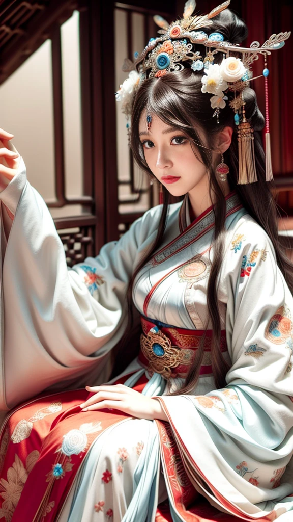 a close up of a woman with a white dress and a tiable, Palace ， A girl in Hanfu, ancient chinese beauti, Princesa chinesa antiga, China Princess, Traditional beauty, Chinese girl, White Hanfu, Chinese woman, ruan jia beautiful!, inspired by Zhang Yan, Inspired by Qiu Ying, Chinese style, Chinese traditional, inspired by Zhang Yin