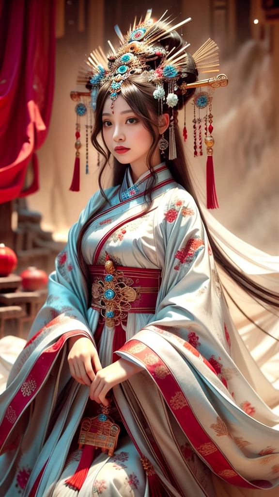 a close up of a woman with a white dress and a tiable, Palace , A girl in Hanfu, ancient chinese beauti, Princesa chinesa antiga, China Princess, Traditional beauty, Chinese girl, White Hanfu, Chinese woman, ruan jia beautiful!, inspired by Zhang Yan, Inspired by Qiu Ying, Chinese style, Chinese traditional, inspired by Zhang Yin