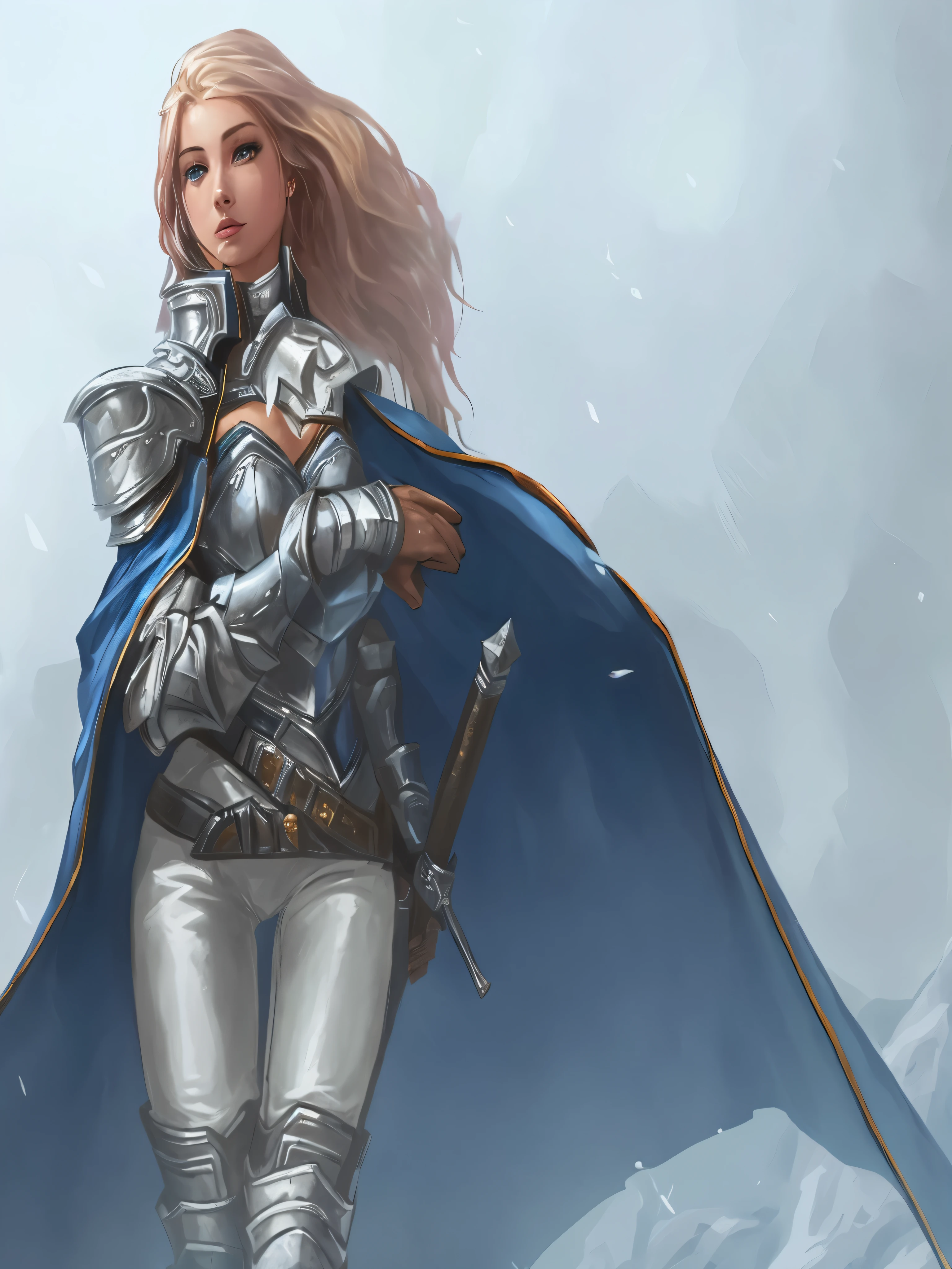 there is a woman in a silver suit and blue cape, of a beautiful female knight, picture of female paladin, beautiful female knight, fantasy paladin woman, female knight, portrait of female paladin, portrait knight female, gorgeous female paladin, female paladin, girl in knight armor, epic exquisite character art, armor girl, pretty female cleric