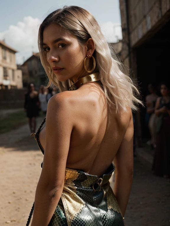 A with a leash of straight white hair, dark skin, Latin ancestry, purple irises, nude wearing golden earrings shaped like snakes. Detailed eyes, detailed face, intricate grunge outfits, cinematic lighting, realistic concept art of strong backlighting.