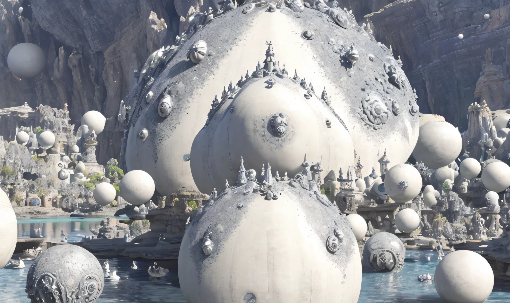 there are many balls of silver color in a water fountain, interplanetary cathedral, complex alien fractal structure, mandelbulb architecture, mandelblub fractal, intricate mandelbulb fractal, 1 6 6 7. mandelbulb 3 d, sacred fractal structures, mandelbulb fractal, alien structure, fractal world, visionary fractal structures, many floating spheres, big and structured Valhalla city, an alien town in a huge cave with water and little boats.