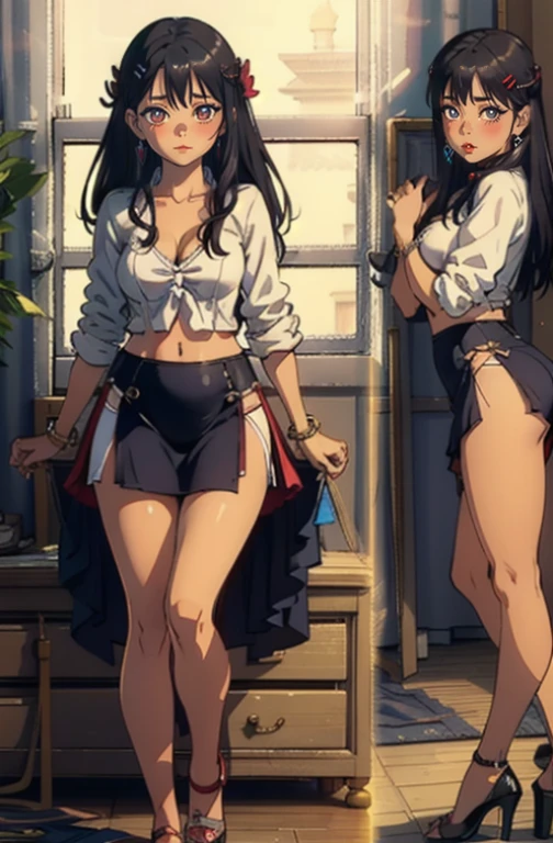Dynamic poses, ultra detail, small breast, top quality, masterpiece, top quality, jewellery, elegant, blush, navel, six pack, body goals:1.5, hair ornament, full body shot, 1female,(Very detailed CG unity 8K wallpaper),best qualtiy,cinematic lighting,beatiful detailed eyes,Bright pupil,Redlip(Very fine and beautiful),(Beautiful and detailed eye description),ultra - detailed,masterpiece,), exposed cleavage, tight skirt, stocking:1.5, handsock:1.2, multiple views, multiple angles, tight ass, sensual look, dark skin, more view, multi-view