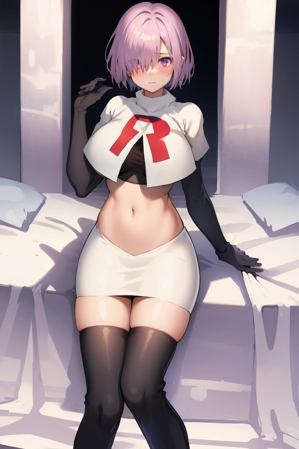 mash kyrielight, hair over one eye, large breasts, blush, purple eyes, solo, looking at viewer, 1girl, short hair, light purple hair, simple background, team rocket,team rocket uniform, red letter R, white skirt,white crop top,black thigh-highs,black elbow gloves
