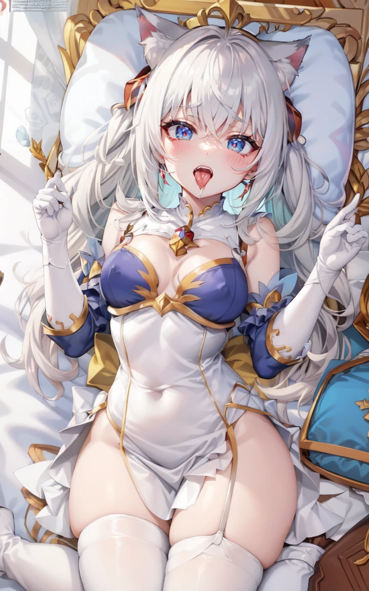 Alisa mikhailovna kujou, best quality, ultra detailliert, 4k anime girl, anime - style image of a woman with long white hair and a cat ears, cat tail, wavy hair, perfect white haired girl, ocean blue eyes, face cute, perfect fingers, slim toned body, perfectly proportions, full body, undress, without clothes, naked, stark-naked, seductive anime girl, small curvaceous, large breasts, beautiful breasts, cleavage of the breasts, angle to show off breasts, show off nipples, bedroom background, trending on artstation pixiv, azure lane style