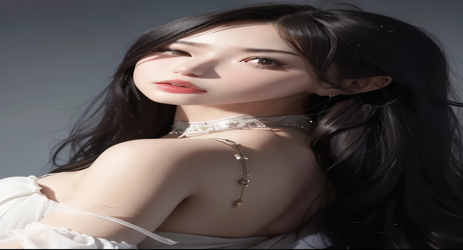 Un primer plano de una mujer con cabello largo y negro con un vestido blanco, preciosa modelo china, pale porcelain white skin, pale milky white porcelain skin, con pelo largo y ojos penetrantes, muchacha coreana, beautiful asian girl, hermosa mujer surcoreana, Chinese girl, asian girl with long hair, hermosa joven coreana, hermosa chica modelo, peinado de corte hime blanco