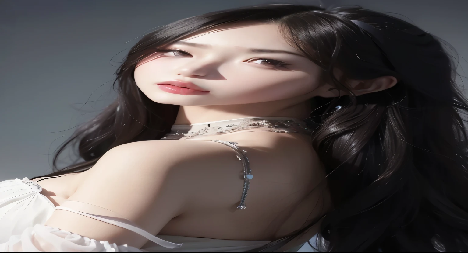 Un primer plano de una mujer con cabello largo y negro con un vestido blanco, preciosa modelo china, pale porcelain white skin, pale milky white porcelain skin, con pelo largo y ojos penetrantes, muchacha coreana, beautiful asian girl, hermosa mujer surcoreana, Chinese girl, asian girl with long hair, hermosa joven coreana, hermosa chica modelo, peinado de corte hime blanco
