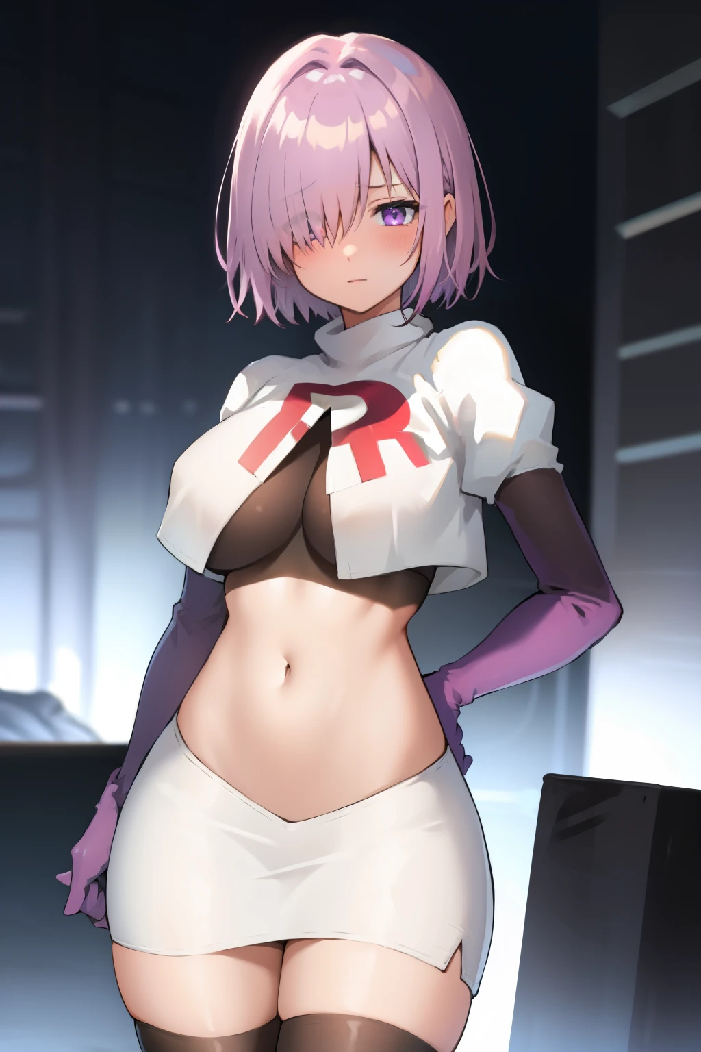mash kyrielight, hair over one eye, large breasts, blush, purple eyes, solo, looking at viewer, 1girl, short hair, light purple hair, simple background, team rocket,team rocket uniform, red letter R, white skirt,white crop top,black thigh-highs,black elbow gloves