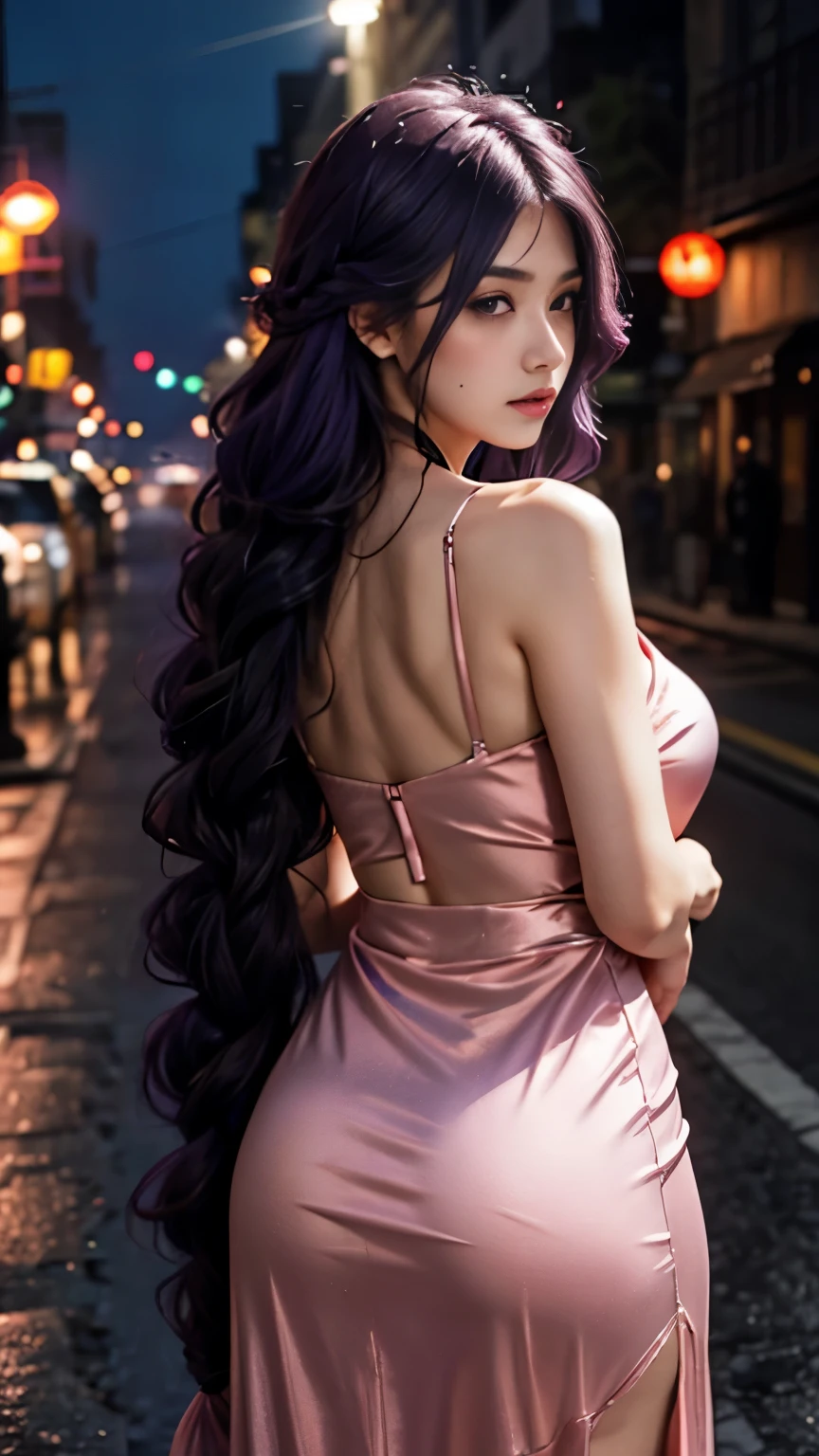 1 girl,solo,long hair,Purple hair big breasts,purple hair,thick braid,purple eyes,Delicate skin,view from behind,Face focus,(looking at the audience:1.2),damp hair,dark,Polaroid,(depth of field:1.5),rain,outdoor,street,hair between eyes,喜怒无常的light,Tyndall effect,light,night,lamp post,lens flare,available light,rim light,glowing neon light,Curvy beauty,Red silk dress,korean girl,