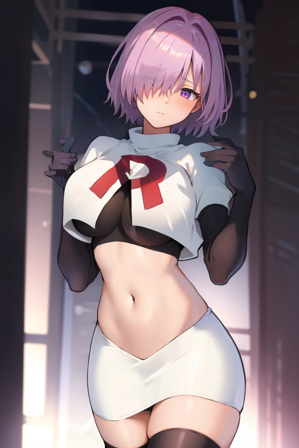 mash kyrielight, hair over one eye, large breasts, blush, purple eyes, solo, looking at viewer, 1girl, short hair, light purple hair, simple background, team rocket,team rocket uniform, red letter R, white skirt,white crop top,black thigh-highs,black elbow gloves
