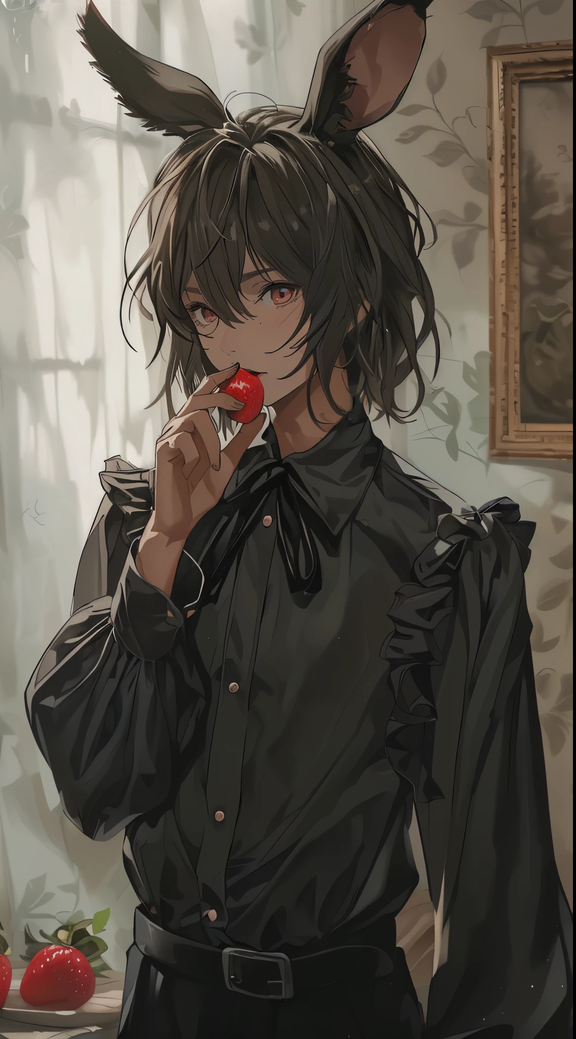 Beautiful young man, dark, shoulder length hair, rabbit ears, casually ruffled black blouse, about to eat a strawberry, just before eating,high quality, amount of drawing, pixiv illustration