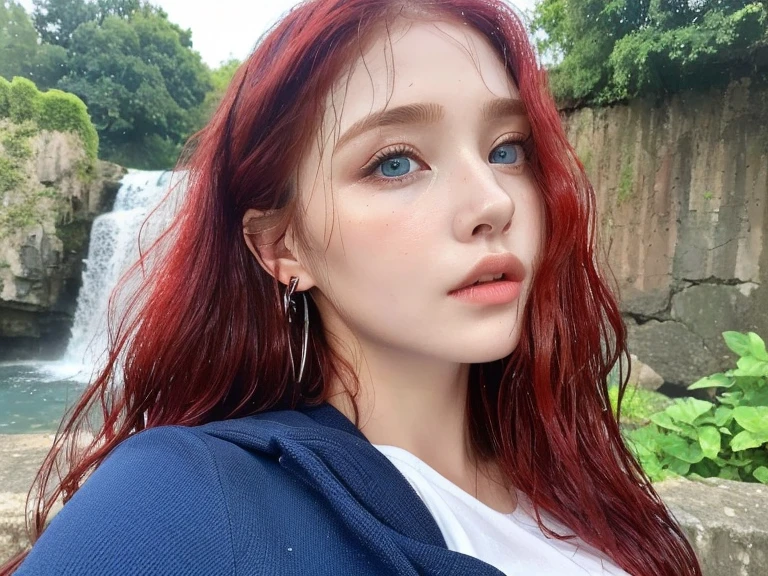 4 miniature Beautiful handsome woman, ((top quality, 8k, masterpiece:1.retty woman, 1woman, huge breasts:1.3, slender figure:1.1, elastic red long hair, (shower, wet body, wet clothes:1.1), very detailed face, detailed lips, detailed eyes, double eyelids, detailed blue eyes, extremely detailed outstanding blue eyes, red wet hair, red wet hair, detailed outstanding BLUE EYES, innocent stare at the viewer, extremely wet wavy red hair, detailed outstanding BLUE EYES, raining outside, huge earrings, Oasis, Waterfall, naked breasts