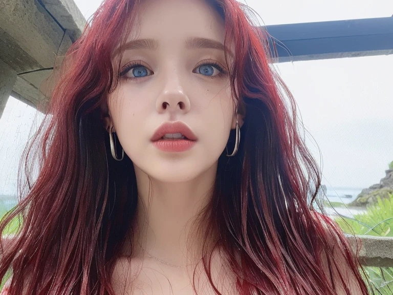 4 miniature Beautiful handsome woman, ((top quality, 8k, masterpiece:1.retty woman, 1woman, huge breasts:1.3, slender figure:1.1, elastic red long hair, (shower, wet body, wet clothes:1.1), very detailed face, detailed lips, detailed eyes, double eyelids, detailed blue eyes, extremely detailed outstanding blue eyes, red wet hair, red wet hair, detailed outstanding BLUE EYES, innocent stare at the viewer, extremely wet wavy red hair, detailed outstanding BLUE EYES, raining outside, huge earrings, Oasis, Waterfall, naked breasts