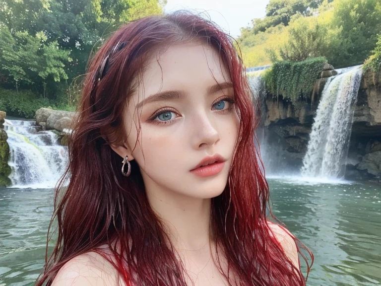 4 miniature Beautiful handsome woman, ((top quality, 8k, masterpiece:1.retty woman, 1woman, huge breasts:1.3, slender figure:1.1, elastic red long hair, (shower, wet body, wet clothes:1.1), very detailed face, detailed lips, detailed eyes, double eyelids, detailed blue eyes, extremely detailed outstanding blue eyes, red wet hair, red wet hair, detailed outstanding BLUE EYES, innocent stare at the viewer, extremely wet wavy red hair, detailed outstanding BLUE EYES, raining outside, huge earrings, Oasis, Waterfall, naked breasts
