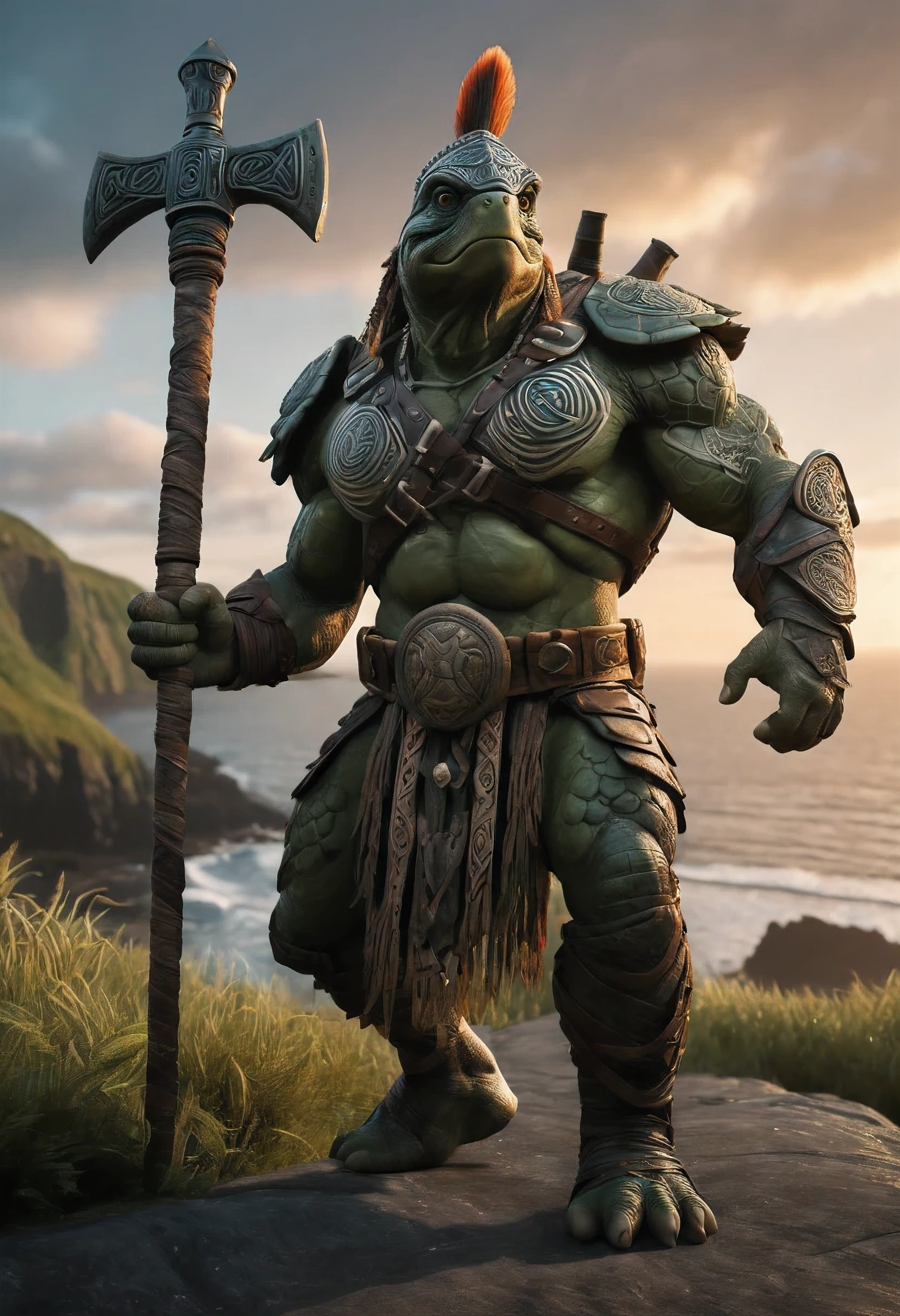 A captivating image of a male anthropomorphic turtle, clad in Celtic armor and (glowing-tribal-tattoos:1.18) beard, grips his (giant mace:1.25) with unyielding strength. (War-paint:1.13)  (tribal-headress) walking tall and proud against the backdrop of the Irish Coast at sunrise. The surrounding landscape is adorned with lush greenery, jagged cliffs, and the occasional bursts of cinematic lighting illuminating the high-quality, high-resolution 3D render in Octane. The (muscular, bodybuilder) turtle, fueled by deep-seated anger, The setting radiates a sense of ancient mythology and raw power, with the turtle's piercing eyes gleaming