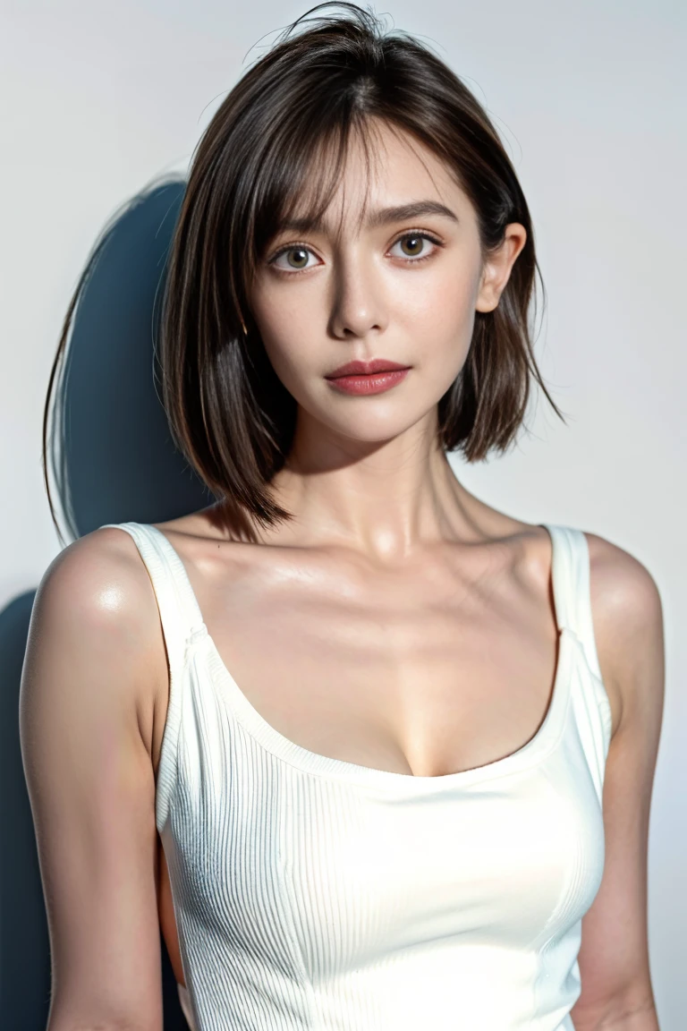 1girl in,Sweaters,White background,Lifelike face、short-hair、Realistic hair quality、brawn hair、detailedasuter piece、realistic skin textureole、Dark circles under the eyes