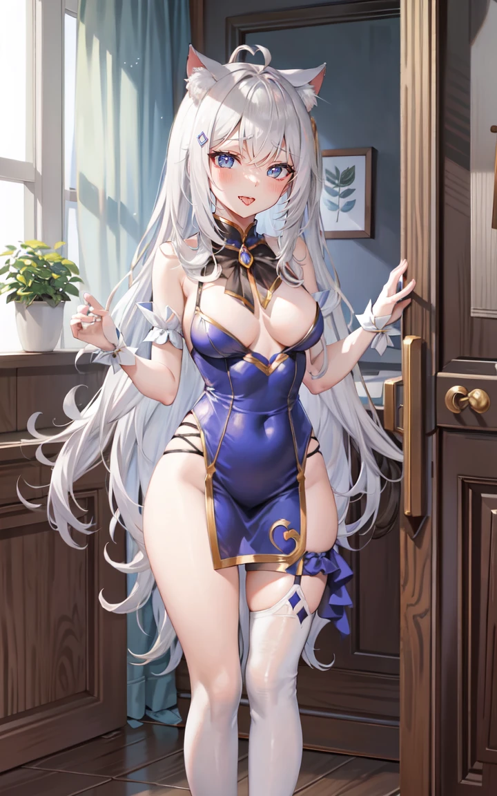 Alisa mikhailovna kujou, best quality, ultra detailliert, 4k anime girl, anime - style image of a woman with long white hair and a cat ears, cat tail, wavy hair, perfect white haired girl, ocean blue eyes, face cute, perfect fingers, slim toned body, perfectly proportions, full body, undress, without clothes, naked, stark-naked, seductive anime girl, small curvaceous, large breasts, beautiful breasts, cleavage of the breasts, angle to show off breasts, show off nipples, bathroom background, trending on artstation pixiv, azure lane style