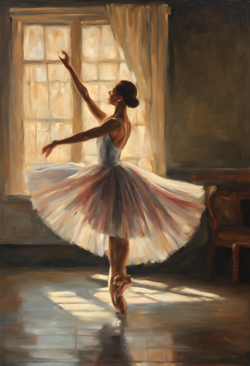 Oil painting of ballet figures, one woman practicing, formal ballet attire, dimly lit interior, small amount of light rays from grating on wall, afternoon, best image quality.
