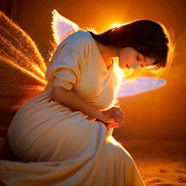 animation、An angel is floating softly，、Warm atmosphere、Wrapped in warm orange light、