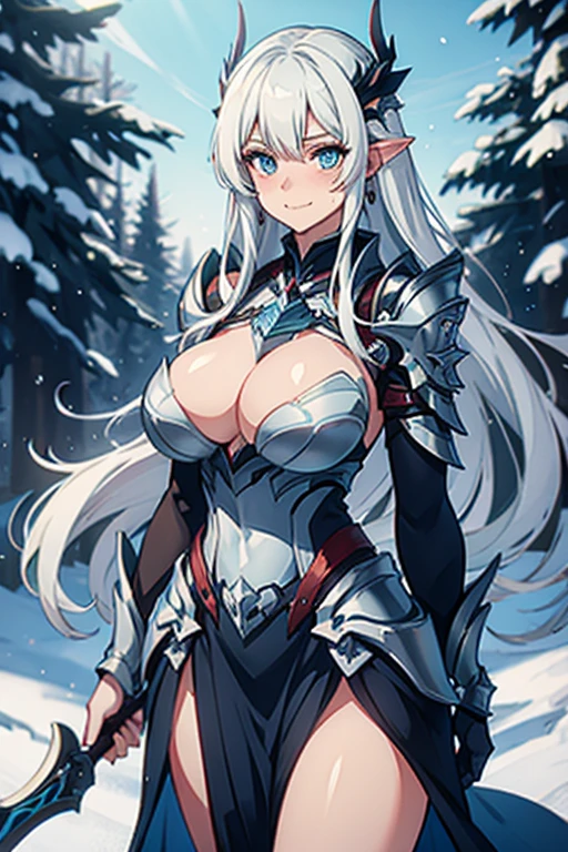 Warrior Women, white hair, blue eyes, long hair, shy smile, embarrassed, snow, snowy forest, light blue armor, blue plating, blue earings, blushing, massive breast, ice magic, fully covered, fully clothed, holding duel axe