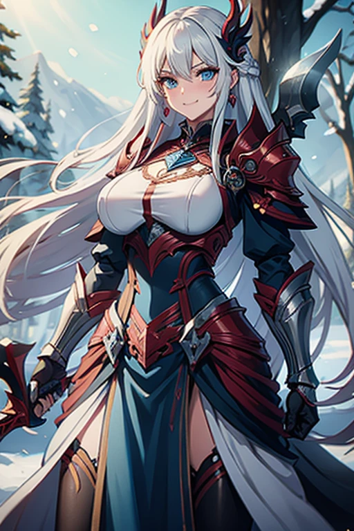 Warrior Women, white hair, blue eyes, long hair, shy smile, embarrassed, snow, snowy forest, light blue armor, blue plating, blue earings, blushing, massive breast, ice magic, fully covered, fully clothed