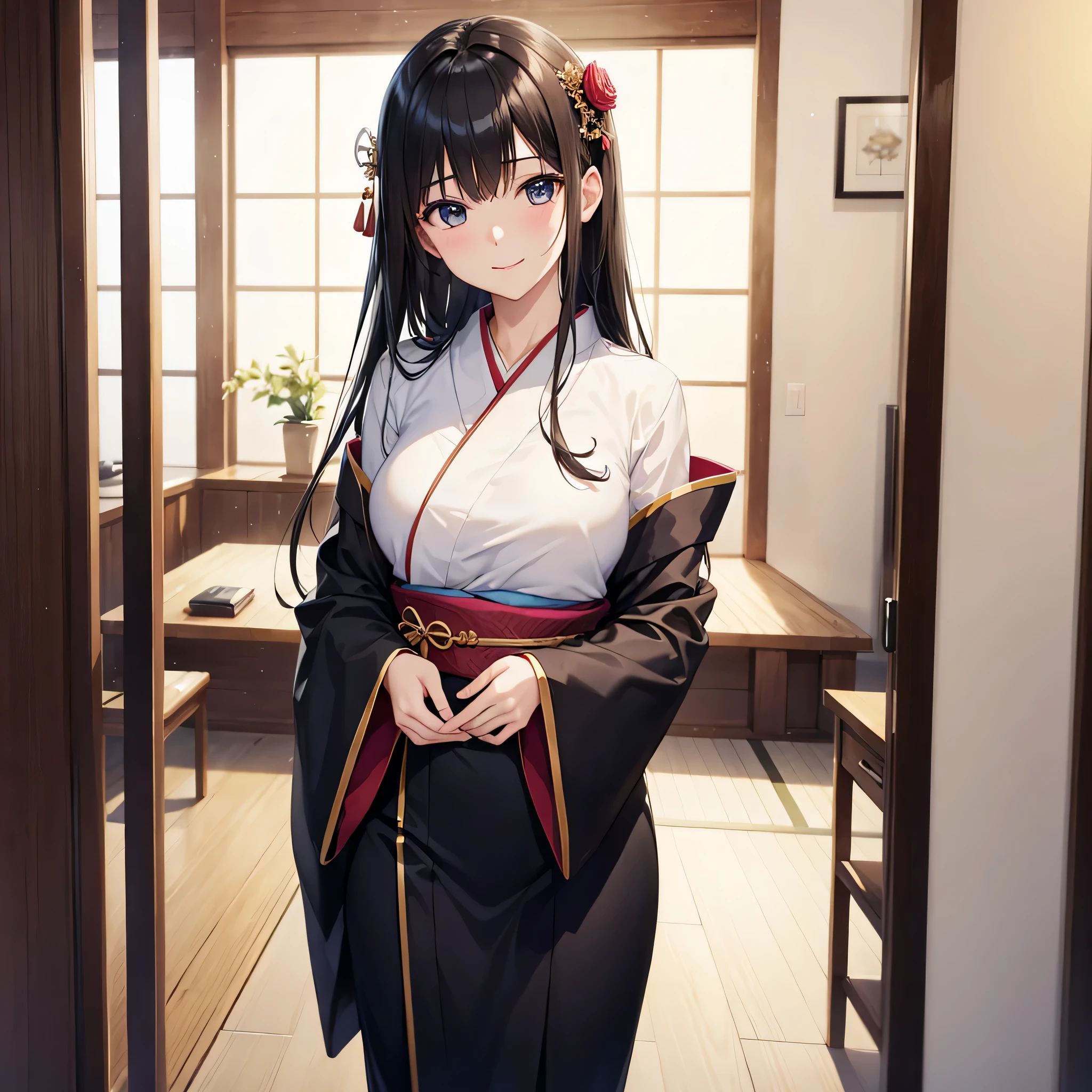 One super beautiful woman、((highest quality、8K masterpiece:1.3))、sharp focus:1.2、(super beautiful face:1.0)、(shiny skin:1.0)、realistic pictures、black hair、video writing、High resolution eyes and face、The front side of the middle breasts of Japanese idol actresses、shy smile、The beauty of slender abs、whole body、wearing a suit、、wearing a kimono、luxury obi、At work
