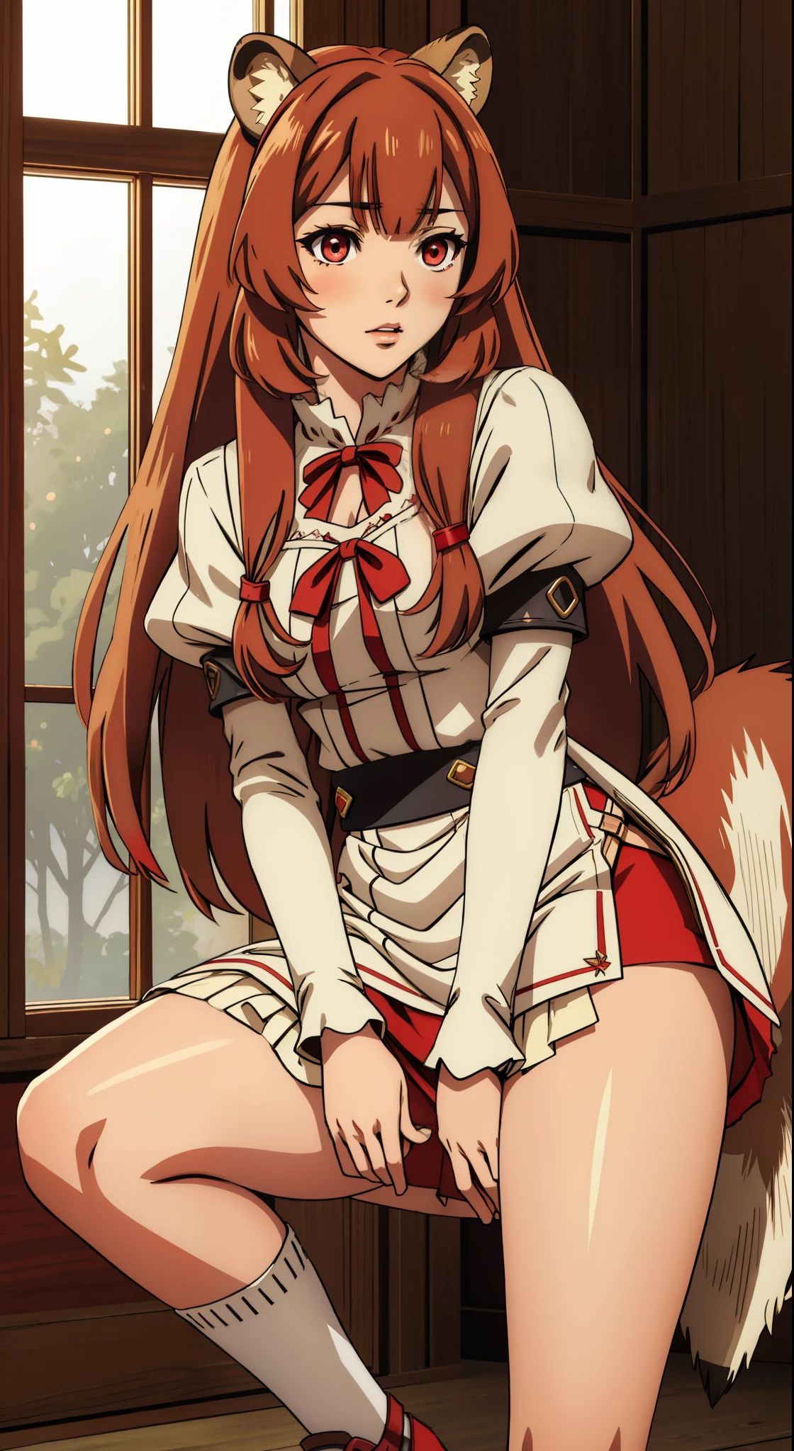(masterpiece, highest quality), intricate details,
1 girl, Raphtalia, sexy,squatting down、Spread your legs and show off your panties、White Miniskirt Dress、spread legs,show white panties,animal ears, brown hair, long hair, raccoon ears, a racoon girl, raccoon tail, (red eyes:1.5), tail,
Hestia Cosplay, rei no himo,