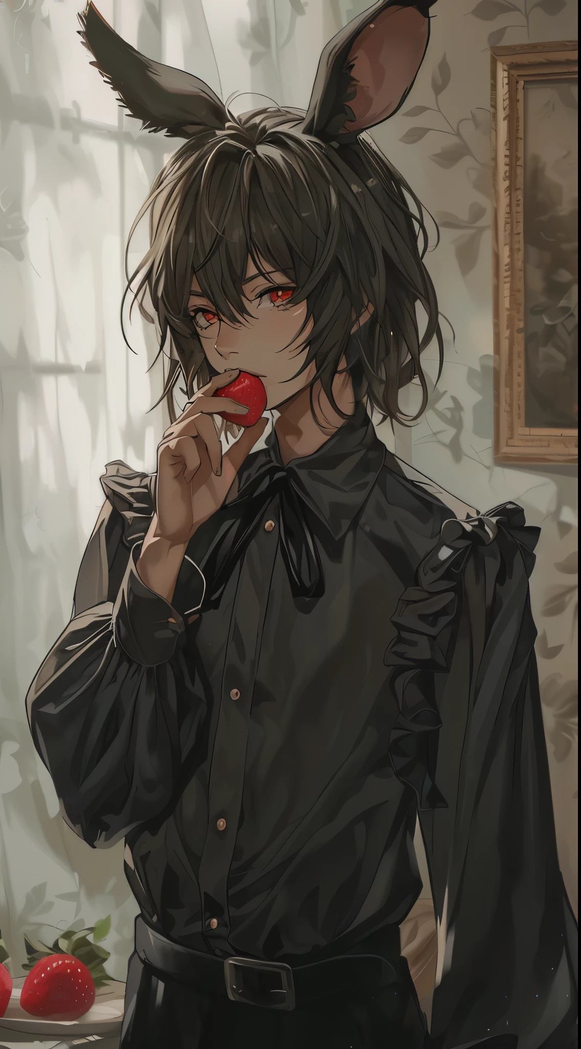 Beautiful young man, dark, shoulder length hair, rabbit ears, casually ruffled black blouse, about to eat a strawberry, just before eating,high quality, amount of drawing, pixiv illustration