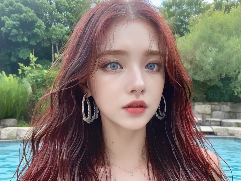 1 miniature Beautiful handsome woman, ((top quality, 8k, masterpiece:1.retty woman, 1woman, huge breasts:1.3, slender figure:1.1, elastic red long hair, (shower, wet body, wet clothes:1.1), very detailed face, detailed lips, detailed eyes, double eyelids, detailed blue eyes, extremely detailed outstanding blue eyes, red wet hair, red wet hair, detailed outstanding BLUE EYES, innocent stare at the viewer, extremely wet wavy red hair, detailed outstanding BLUE EYES, raining outside, huge earrings, Oasis, Waterfall, naked breasts, swimming in water