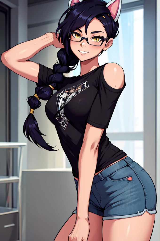 Girl, (blue tank top), black hair, black eyes, red lips, platform sneakers, black spandex, smile, cell phone in left hand, wooden floor, door on the right, yellow walls, 1080P, HD, 16k, super detail, high details, anatomically correct, high quality