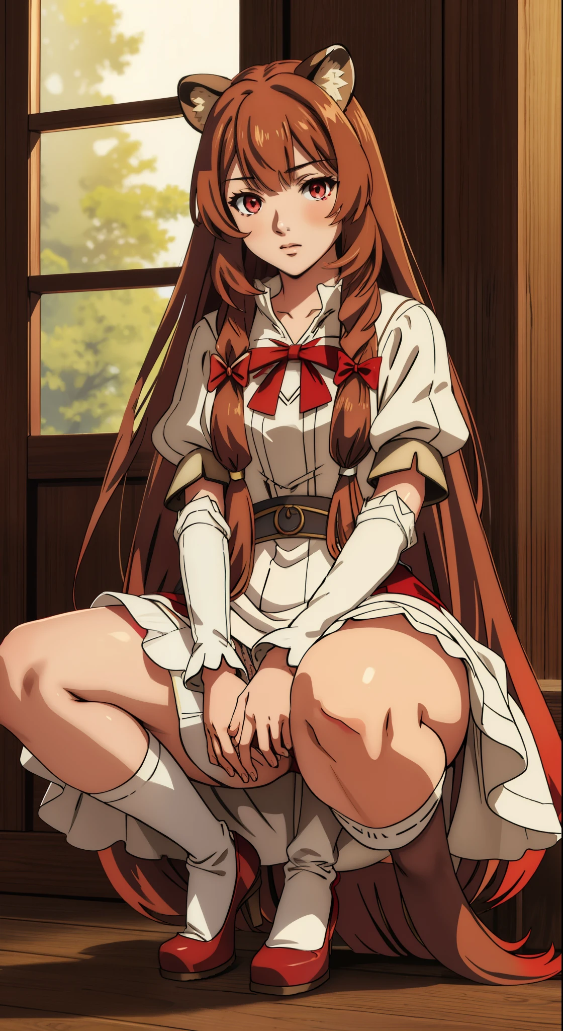 (masterpiece, highest quality),  intricate details,
1 girl,  Raphtalia, sexy,squatting down、Spread your legs and show off your panties、White Miniskirt Dress、spread legs,show white panties,animal ears, brown hair, long hair, raccoon ears, a racoon girl, raccoon tail, (red eyes:1.5), tail, 
 Hestia Cosplay, rei no himo,