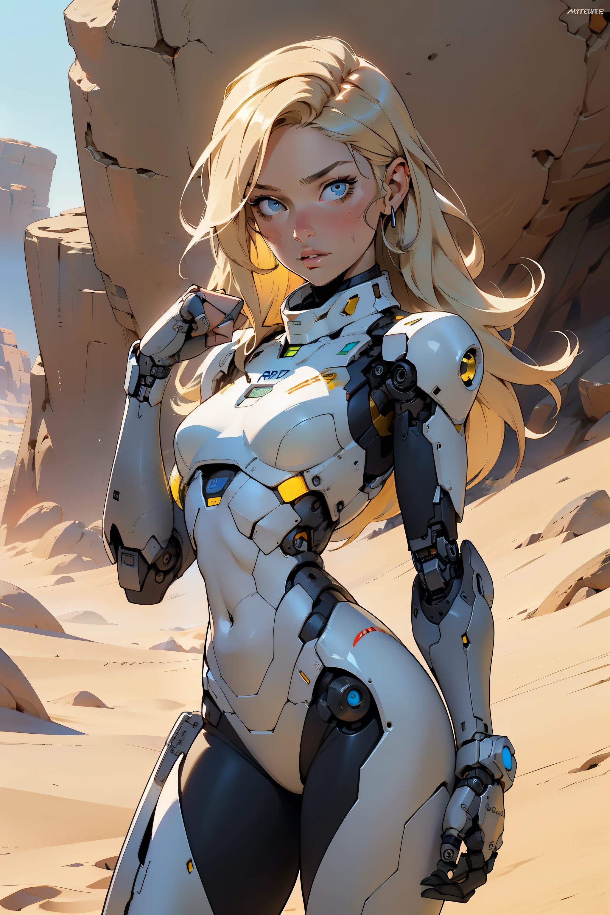 high quality, 4k, masterpiece, beautiful, cyborg girl, cowboy shot, dull eyes, looking at viewer, long blonde hair, girl, small breasts, fit thigh, robotic arms, robotic body, cyborg body, yellow accent, intricate detail, joint, detailed lines, robotic detail, holding fist up, holding hand up as fist, color robotic parts, robotic parts with color, perfect fingers, on a desert planet, sunny background, colorful desert,