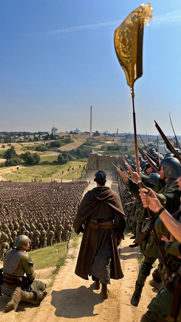 Baldwin in front of his troops, heroically raising the relic of the true cross, inspiring his men, set against a backdrop of a medieval battlefield with Jerusalem in the distance