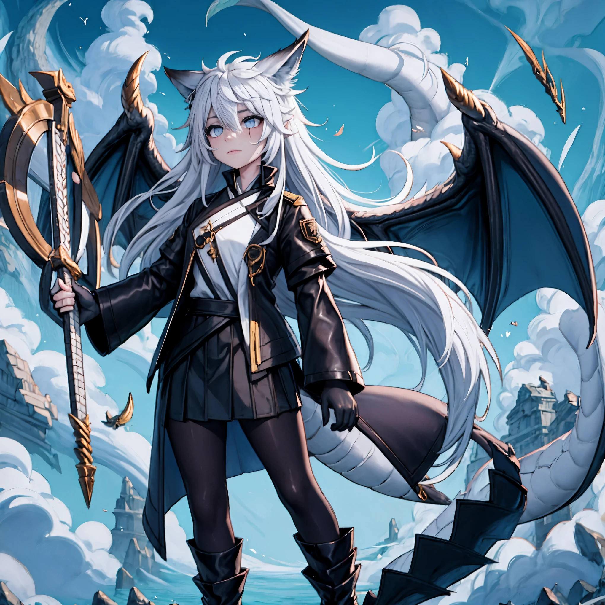 masterpiece, shoulder length white hair, female,2 white fox ears, age girl, body,, white scale dragon tail, military boots,black leggings, dark blue skirt, white T-shirt, white jacket, medium size chest, detailed blue eyes,solo female,1 dragon tail, tomboyish, thick dragon tail, white scales, 2 dragon wings, white fluffy wings