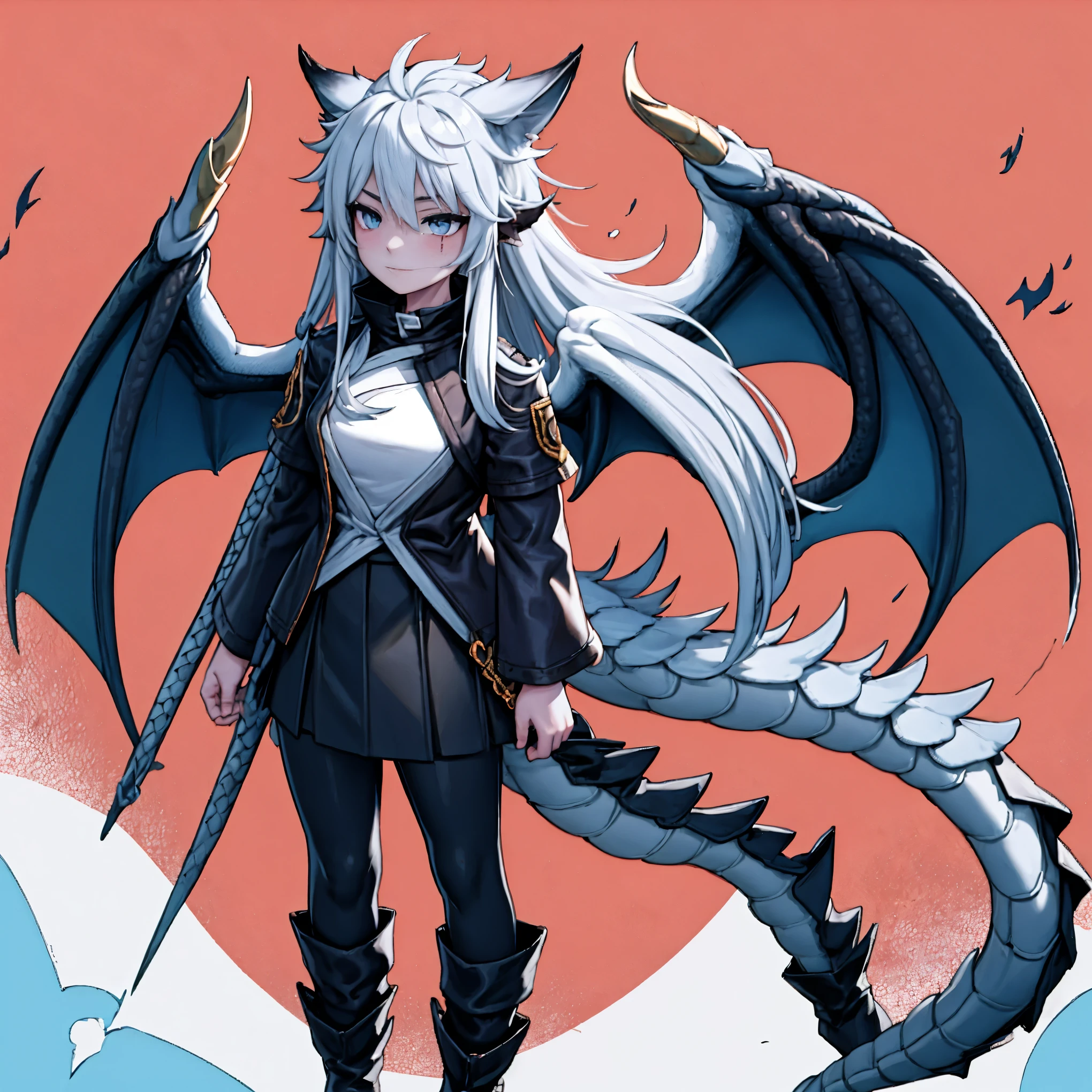 masterpiece, shoulder length white hair, female,2 white fox ears, age girl, body,, white scale dragon tail, military boots,black leggings, dark blue skirt, white T-shirt, white jacket, medium size chest, detailed blue eyes,solo female,1 dragon tail, tomboyish, thick dragon tail, white scales, 2 dragon wings, white fluffy wings