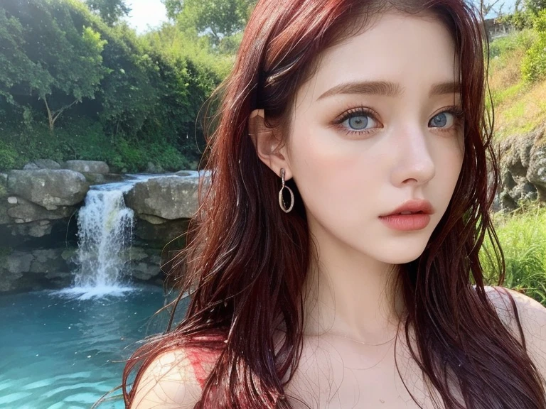 1 miniature Beautiful handsome woman, ((top quality, 8k, masterpiece:1.retty woman, 1woman, huge breasts:1.3, slender figure:1.1, elastic red long hair, (shower, wet body, wet clothes:1.1), very detailed face, detailed lips, detailed eyes, double eyelids, detailed blue eyes, extremely detailed outstanding blue eyes, red wet hair, red wet hair, detailed outstanding BLUE EYES, innocent stare at the viewer, extremely wet wavy red hair, detailed outstanding BLUE EYES, raining outside, huge earrings, Oasis, Waterfall, naked breasts, swimming in water, huge tattoo on chest wearing a wreath