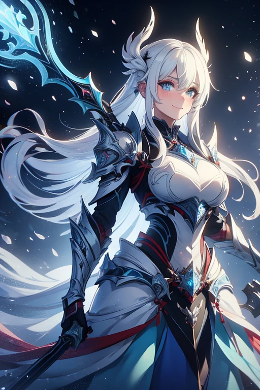 Warrior Women, white hair, blue eyes, long hair, shy smile, embarrassed, snow, snowy forest, light blue armor, blue plating, blue earings, blushing, massive breast, ice magic, fully covered, fully clothed, holding duel axe
