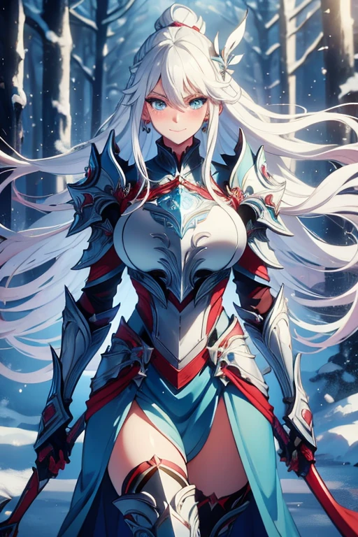 Warrior Women, white hair, blue eyes, long hair, shy smile, embarrassed, snow, snowy forest, light blue armor, blue plating, blue earrings, blushing, massive breast, ice magic, fully covered, fully clothed, holding duel axe, no red