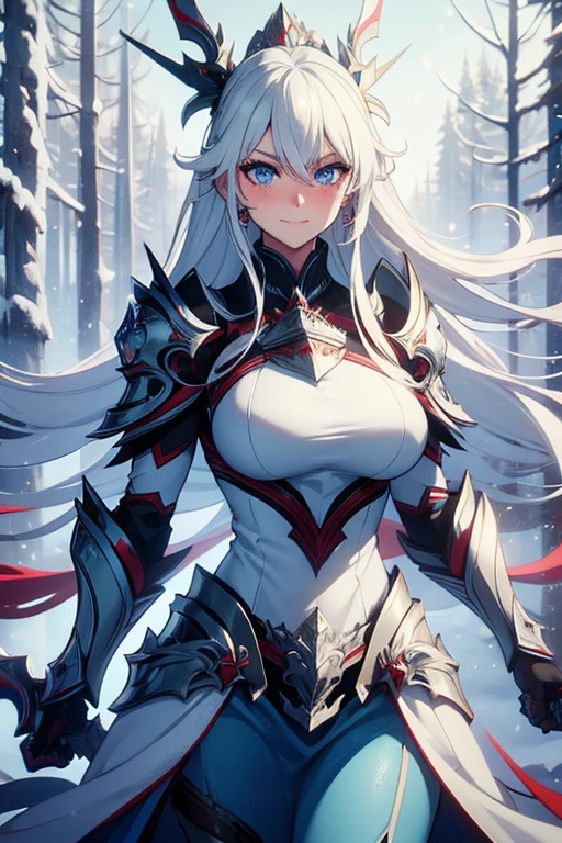 Warrior Women, white hair, blue eyes, long hair, shy smile, embarrassed, snow, snowy forest, light blue armor, blue plating, blue earrings, blushing, massive breast, ice magic, fully covered, fully clothed, holding duel axe, no red