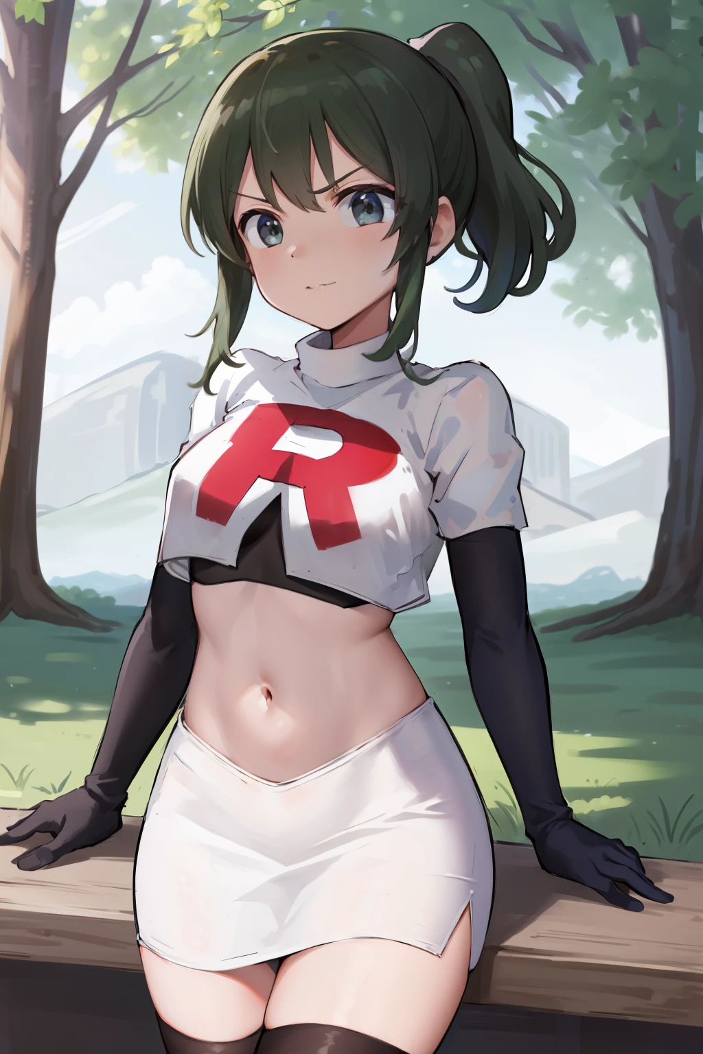 masterpiece,best quality,highres,aafutaba,medium hair,ponytail,cowboy shot,outdoors,team rocket,team rocket uniform, red letter R, white skirt,white crop top,black thigh-highs,black elbow gloves
