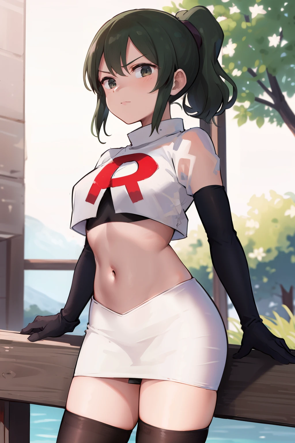 masterpiece,best quality,highres,aafutaba,medium hair,ponytail,cowboy shot,outdoors,team rocket,team rocket uniform, red letter R, white skirt,white crop top,black thigh-highs,black elbow gloves