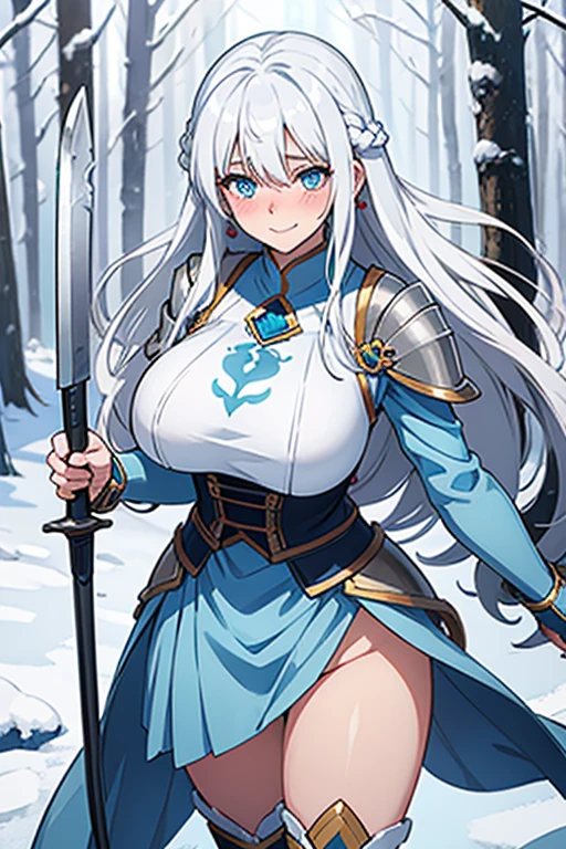 Warrior Women, white hair, blue eyes, long hair, shy smile, embarrassed, snow, snowy forest, light blue armor, blue plating, blue earrings, blushing, massive breast, ice magic, fully covered, fully clothed, holding duel axe, no red