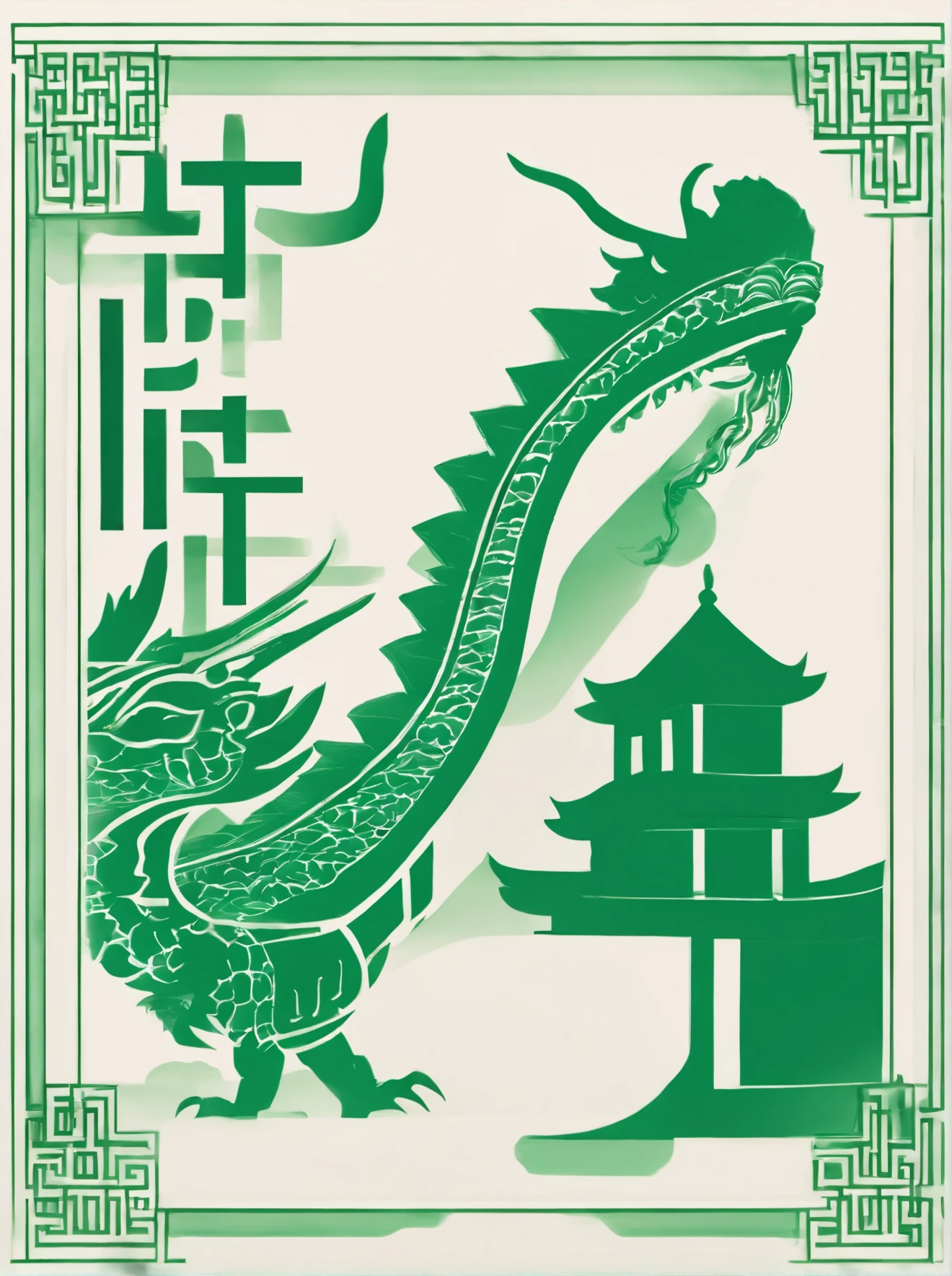 minimalist style, graphic illustrations of totem art, green and white color scheme,retro poster design,chinese dragon, bold prints, stone carvings, dual tone, sharpie illustration, MBE illustration, bold lines,white background，3k --ar 3:4 --s 250 --niji 5