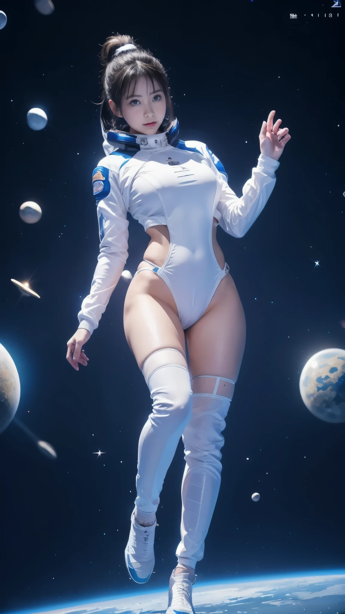 high resolution， Ultra-detailed， Married woman， wearing spacesuit， view from above， cosmic space， float， moons，Blue Star，， running posture， Look at the audience， sparkling，expression， space background， meat leg， White， full body shot， （masterpiece：1.4）， 8K