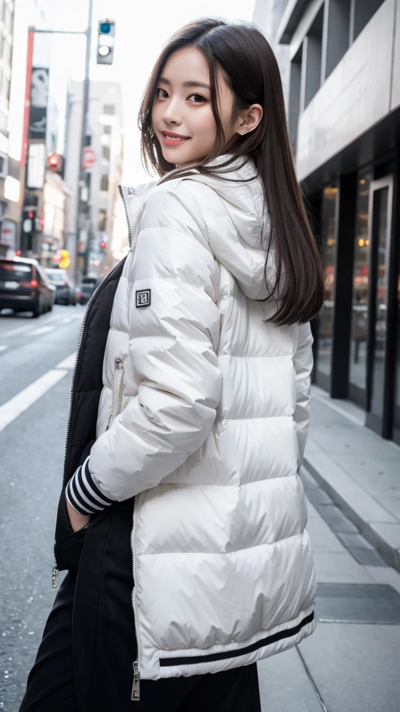 white down jacket,Wearing casual fashion,Go out with a smile, Yoshitomo Nara, good young girl, sexy :8, reluvy5213, attractive pose, sexy girl, gorgeous young korean woman, beautiful asian girl, japanese model, korean girl, High resolution,8k,Shibuya cityscape,armpitsk,Arched back