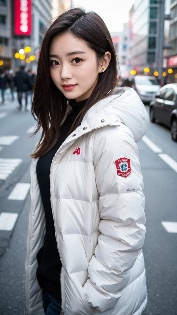 white down jacket,Wearing casual fashion,Go out with a smile, Yoshitomo Nara, good young girl, sexy :8, reluvy5213, attractive pose, sexy girl, gorgeous young korean woman, beautiful asian girl, japanese model, korean girl, High resolution,8k,Shibuya cityscape,armpitsk,Arched back