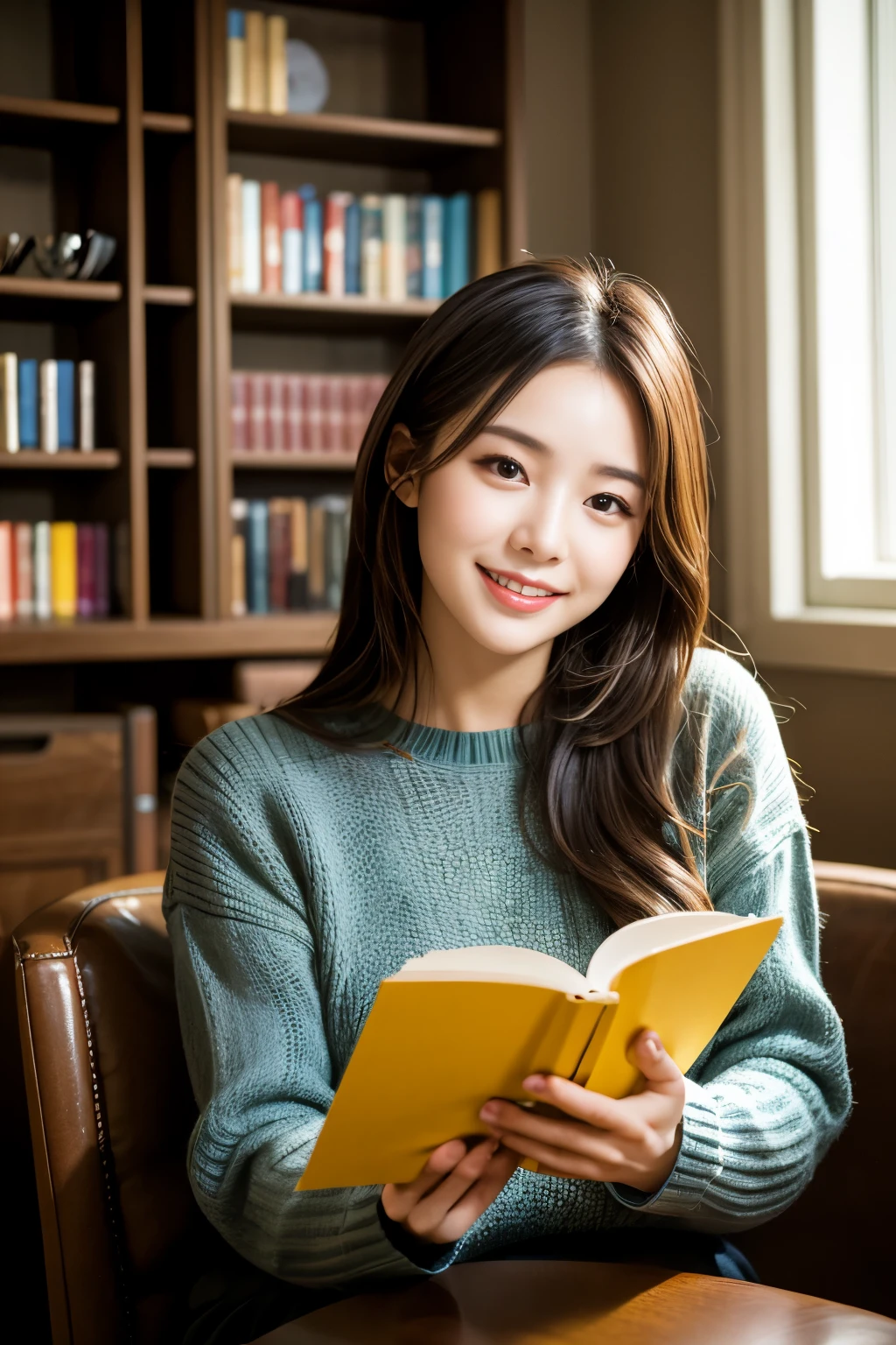  (8K, RAW photo, highest quality, masterpiece:1.3), (realistic, photo-realistic:1.4), (extremely detailed 8K wallpaper), sharp focus, Depth of bounds written,
 japanese idol,Super cute,(baby face),sweater, Look at us and smile, upper half of body, highly detailed face and eyes,((shiny skin:1.2)), cinematic lighting, soft light, blur background, Bokeh, A quiet reading cafe lined with bookshelves