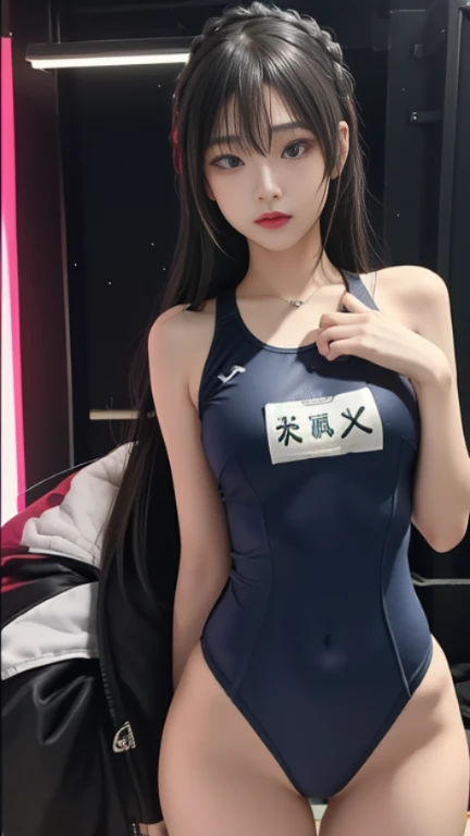 play sports often, school swimwear, No panties, (Cyberpunk settings: 1.2), compensate,, (1 girl: 1.4), highest quality, masterpiece, (reality: 1.2), young woman, lady, detailed face, fine eyes, fine hair, fine skin, looking at the viewer, dramatic, vibrant, sharp focus, 50mm, f1.2, EOS R8, (3/4 body: 1.2), Are standing, (complex background: 1.6), (highest qualityの詳細: 1.2), 8K HD,