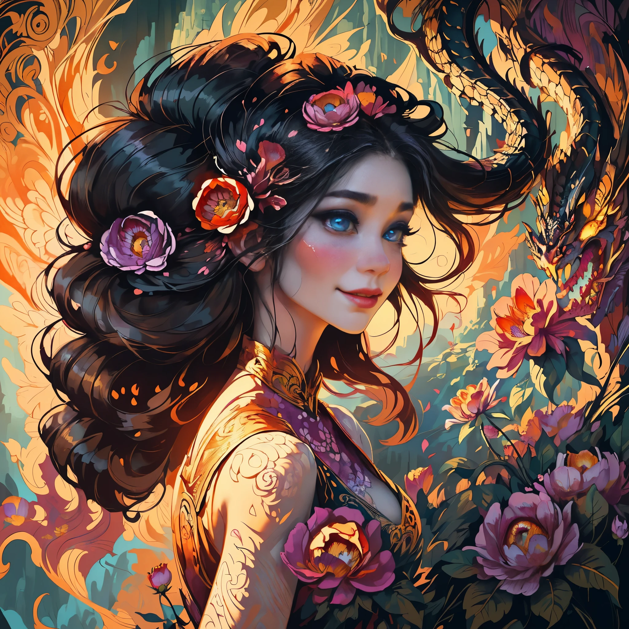 a woman standing on a cliff looking at a dragon with a long tail, dragon queen with beautiful high detail face, high details eyes lips mouth, fantasy art style, official art, unity 8k wallpaper, ultra detailed, beautiful and aesthetic, beautiful, masterpiece, best quality, (zentangle, mandala, tangle, entangle), (ecstasy of flower:1.2), dynamic angle, cowboyshot, the most beautiful form of chaos, elegant, a brutalist designed, vivid colours, romanticism, atmospheric, warm smile, bright eyes detailed eyes
