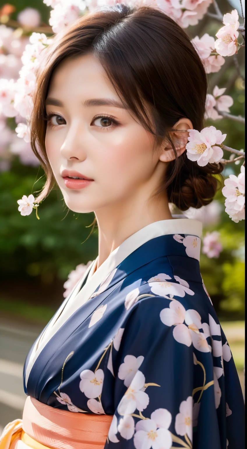 ((highest quality, 8K, masterpiece: 1.3)), sharp focus: 1.2, beautiful woman with perfect figure: 1.4, (kimono), Highly detailed face and skin texture, fine eyes, (lips), dark brown hair, outdoor、cherry blossoms