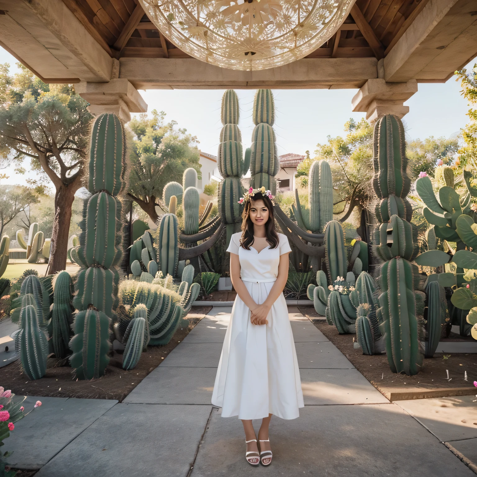 there is a cactus plant with white flowers in a flower bed, a portrait inspired by Elizabeth Durack, cg society contest winner, fine art, cactus and flowers, giant flowers, huge blossoms, beautiful vistas with cacti, unusual composition, beautiful large flowers, more and more flowers, huge flowers, large exotic flowers, cacti everywhere, very high bloom ammount